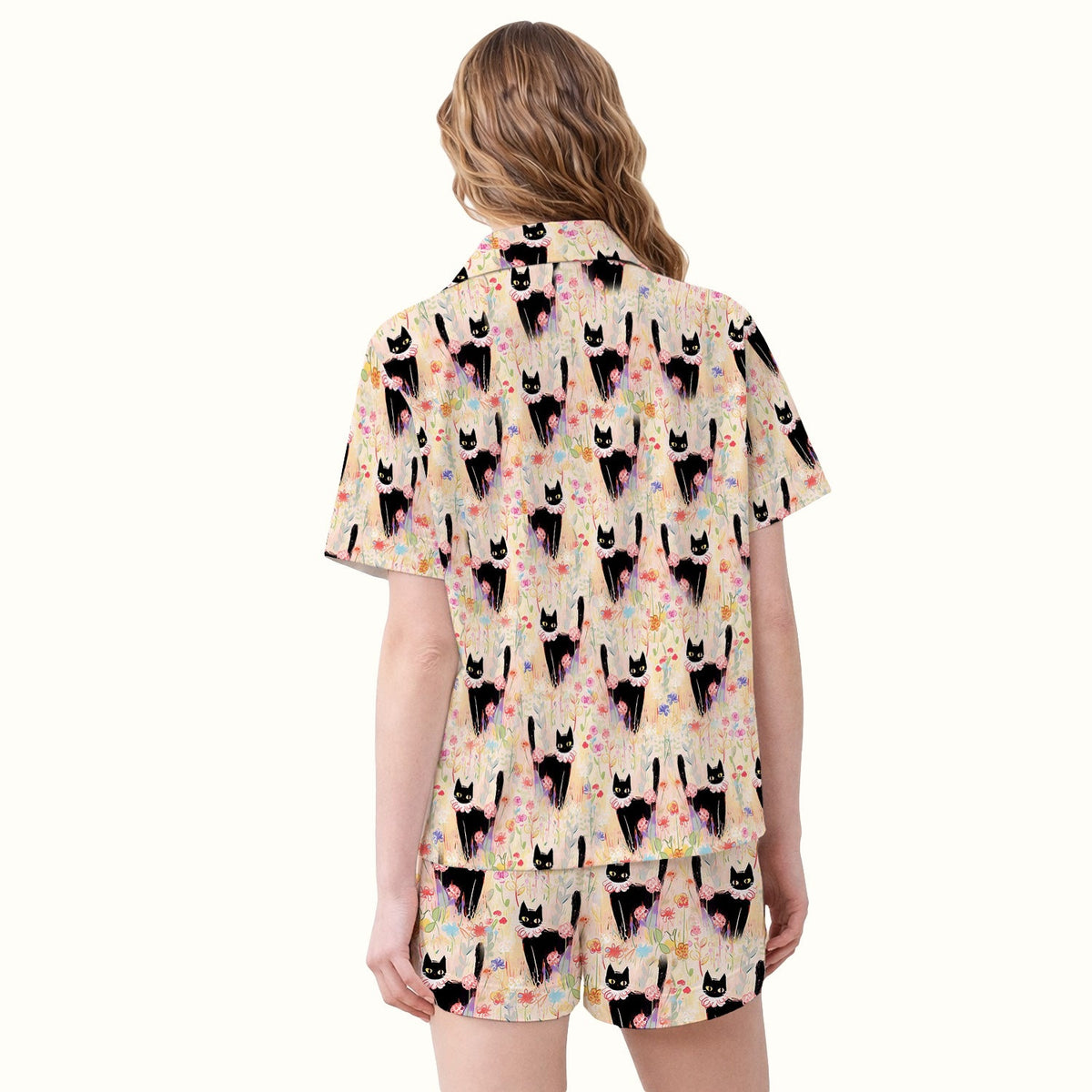Black Cat Floral Garden Pajama Set