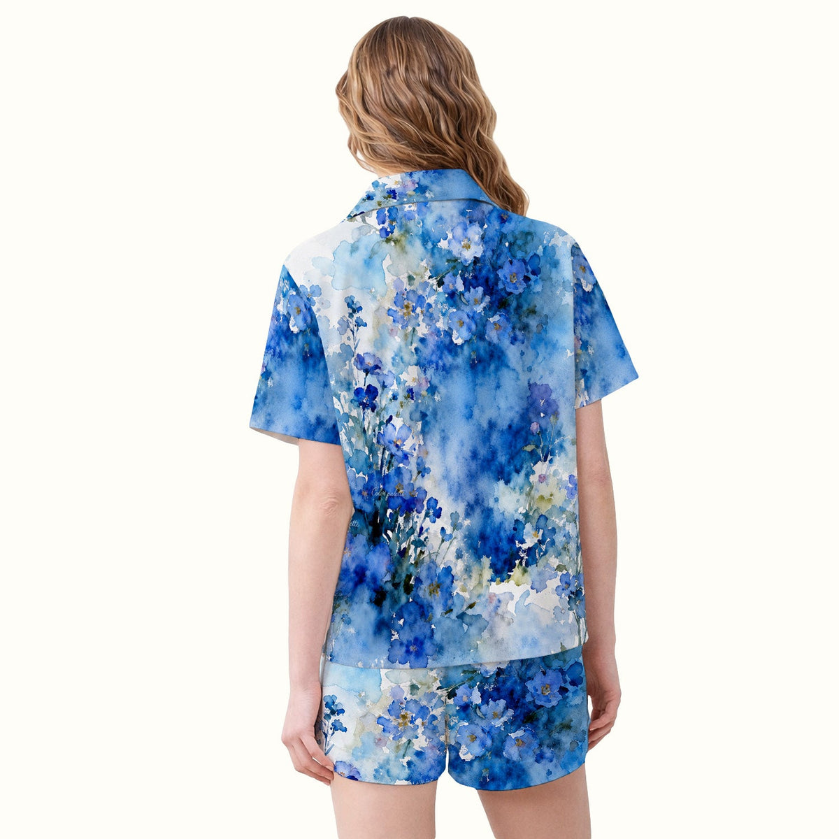 Adorable Blue Floral White Cat Pajama Set