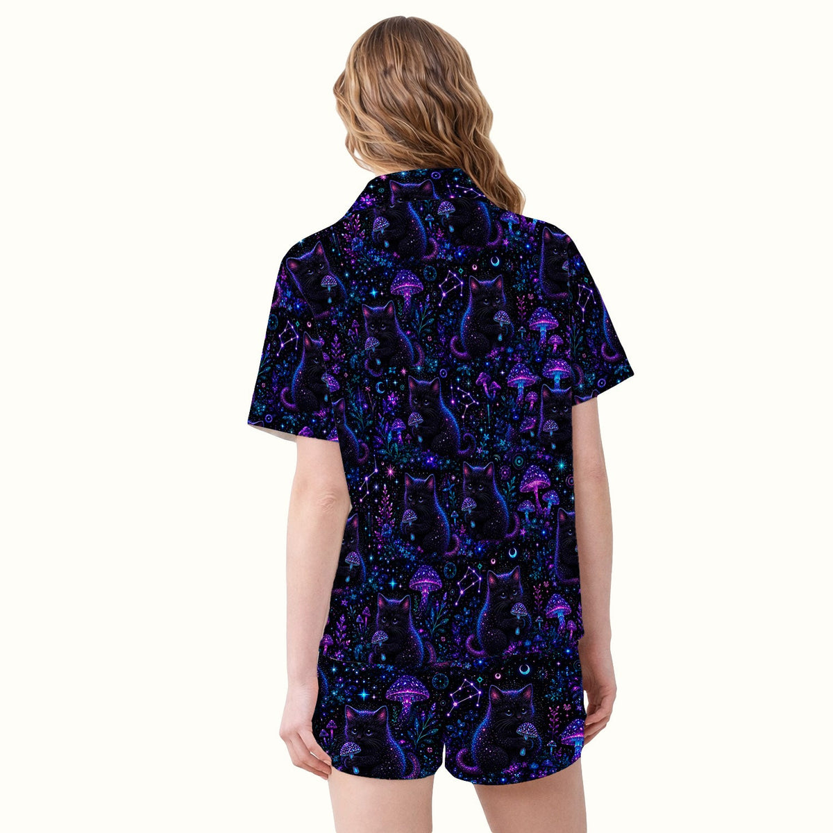 Neon Black Cat Mushroom Galaxy Pajama Set