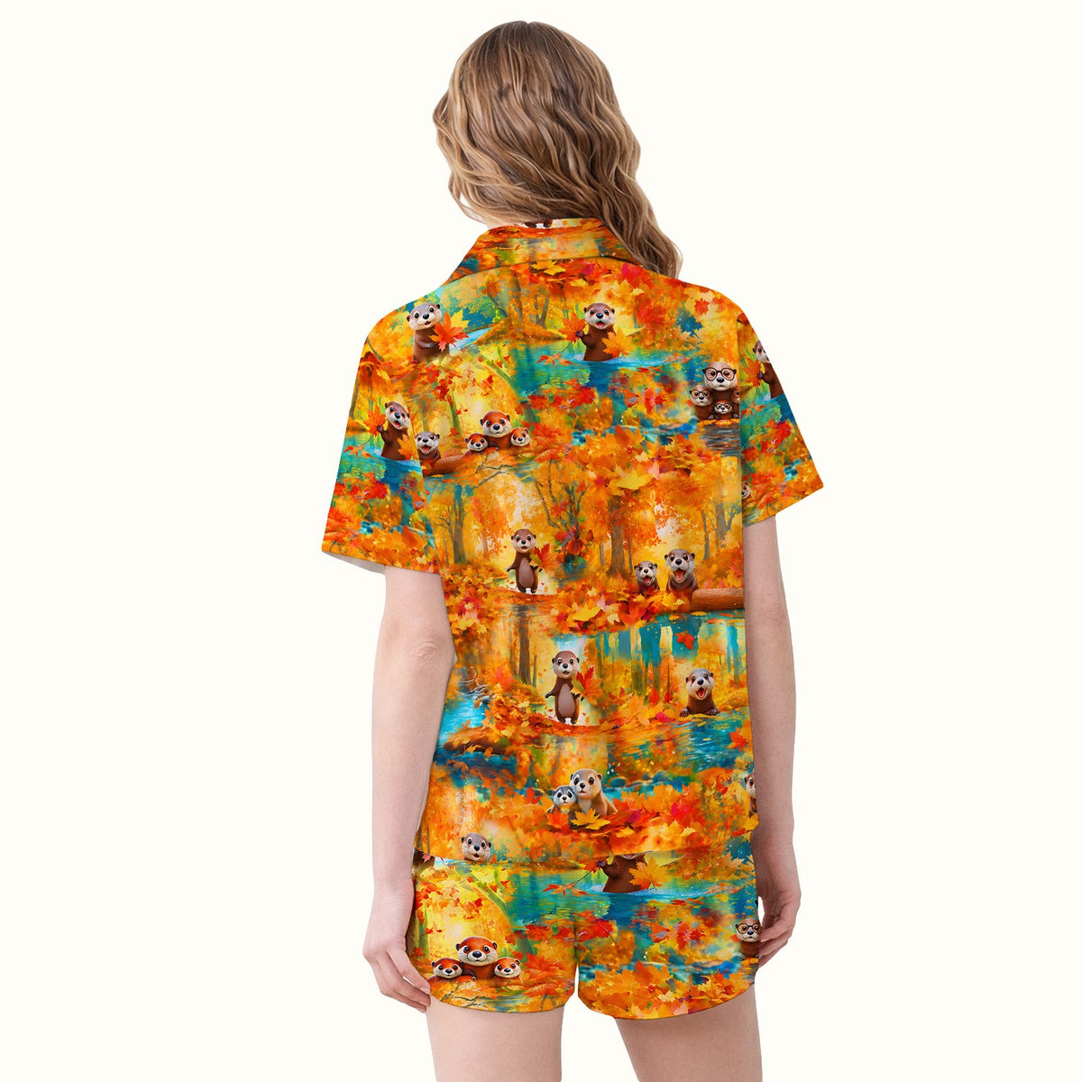 Cute Autumn Otter Leaf Forest Pajama Set
