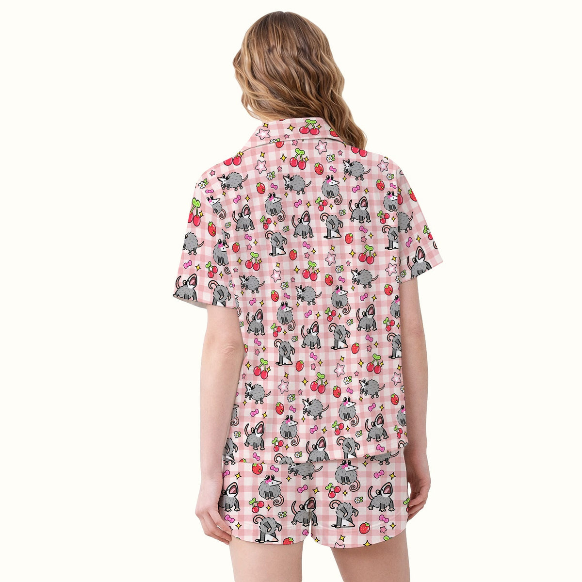Opossum And Cherries Gingham Pajama Set