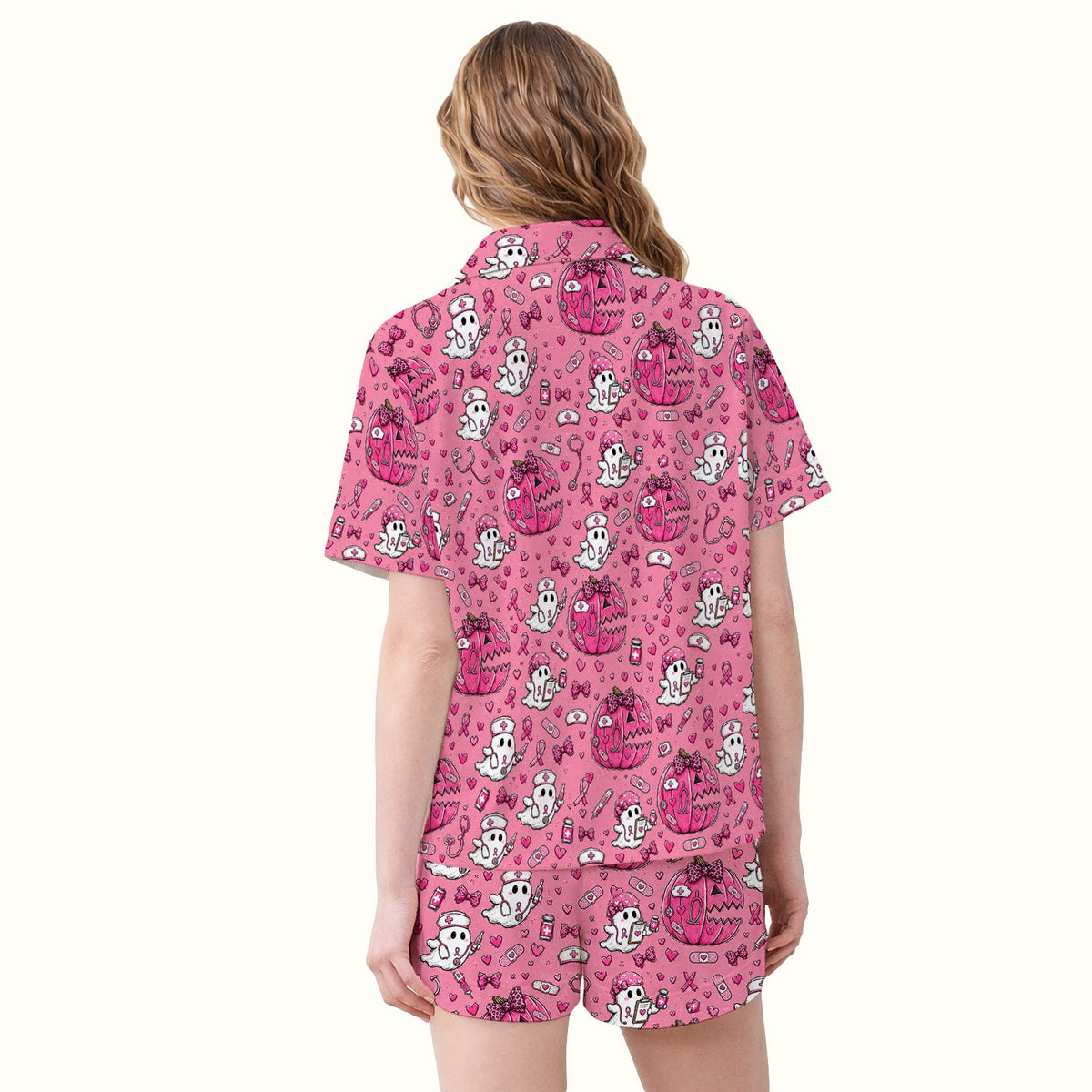 Pink Ribbon Ghost Pattern Pajama Set