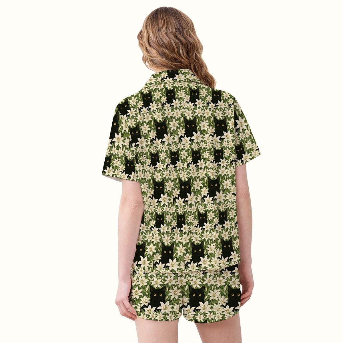 Black Cat Hidden In Lily Garden Pajama Set