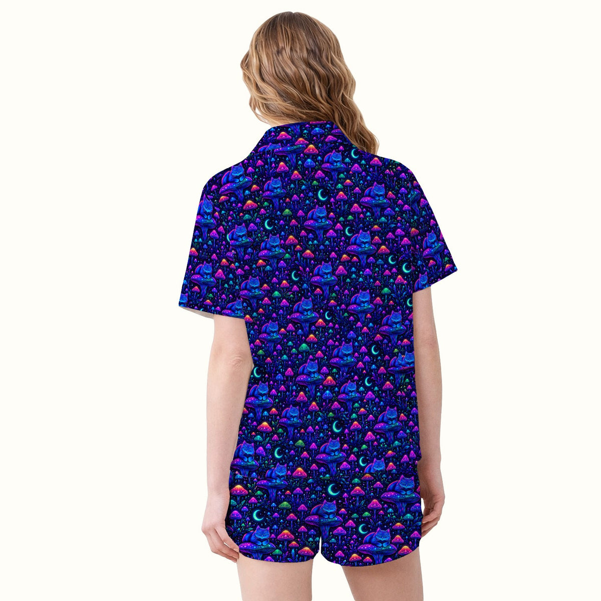 Neon Mushroom Cat Galaxy Pajama Set