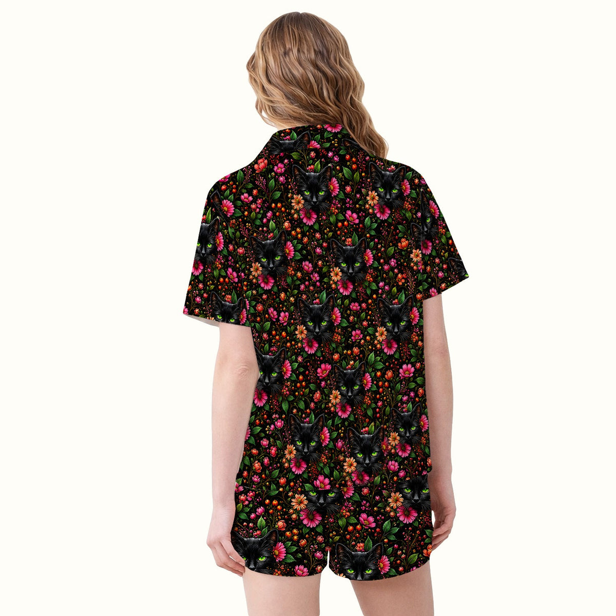 Adorable Black Cat Blossom Pajama Set