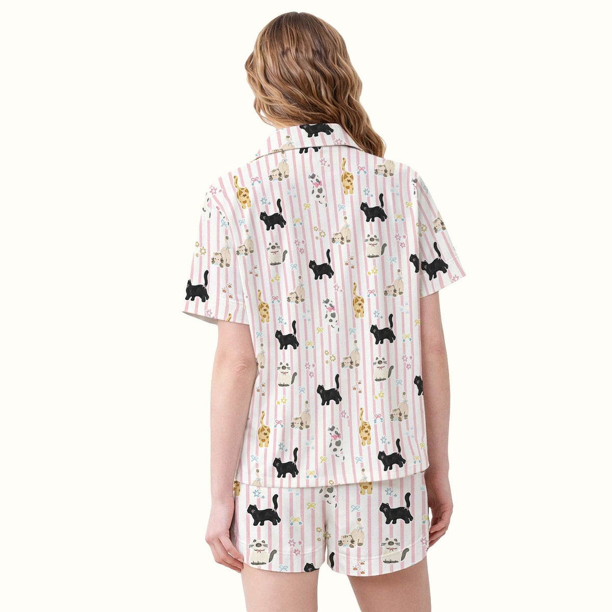 Playful Cat Stripe Ribbon Pajama Set