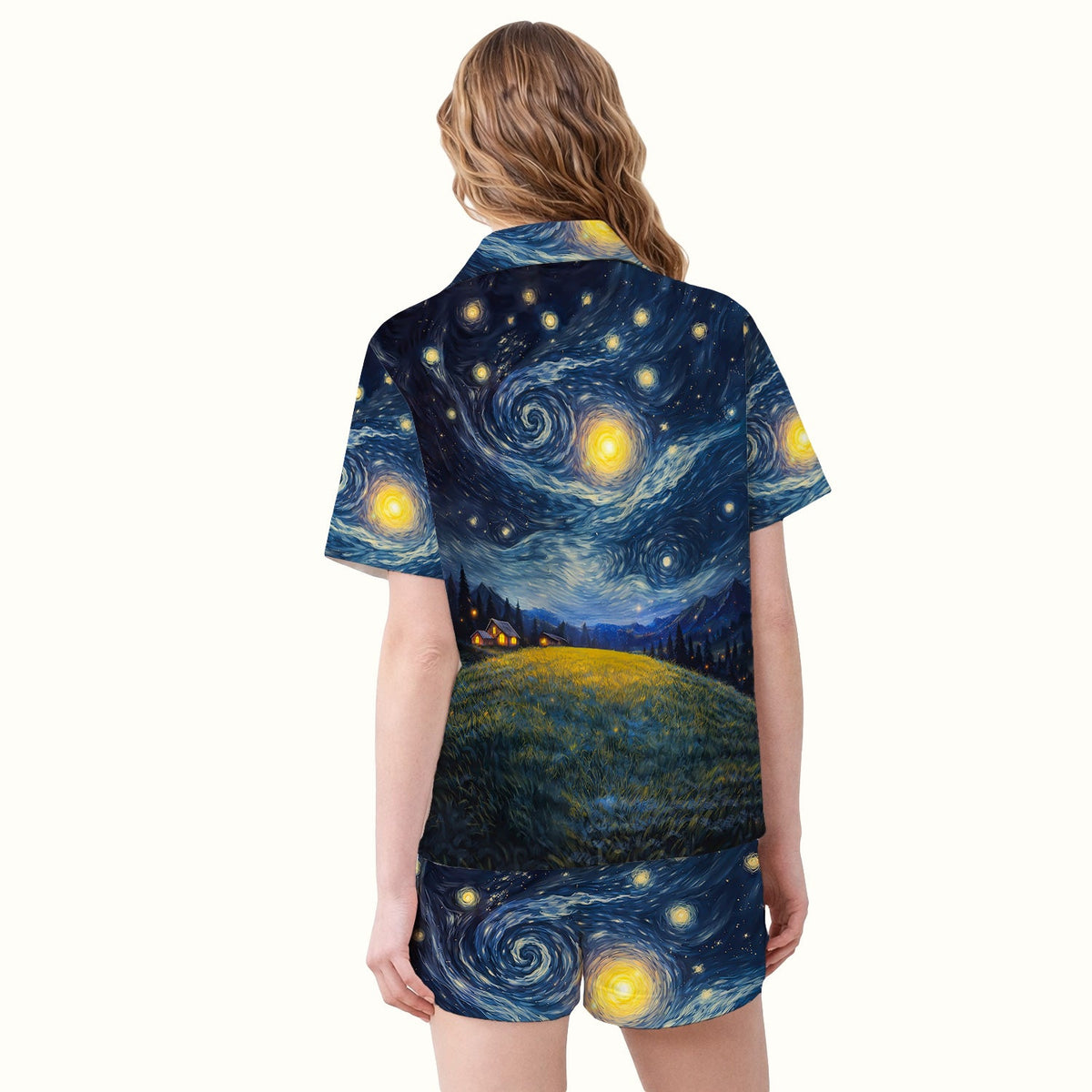Starry Night Black Cat Heart Pajama Set