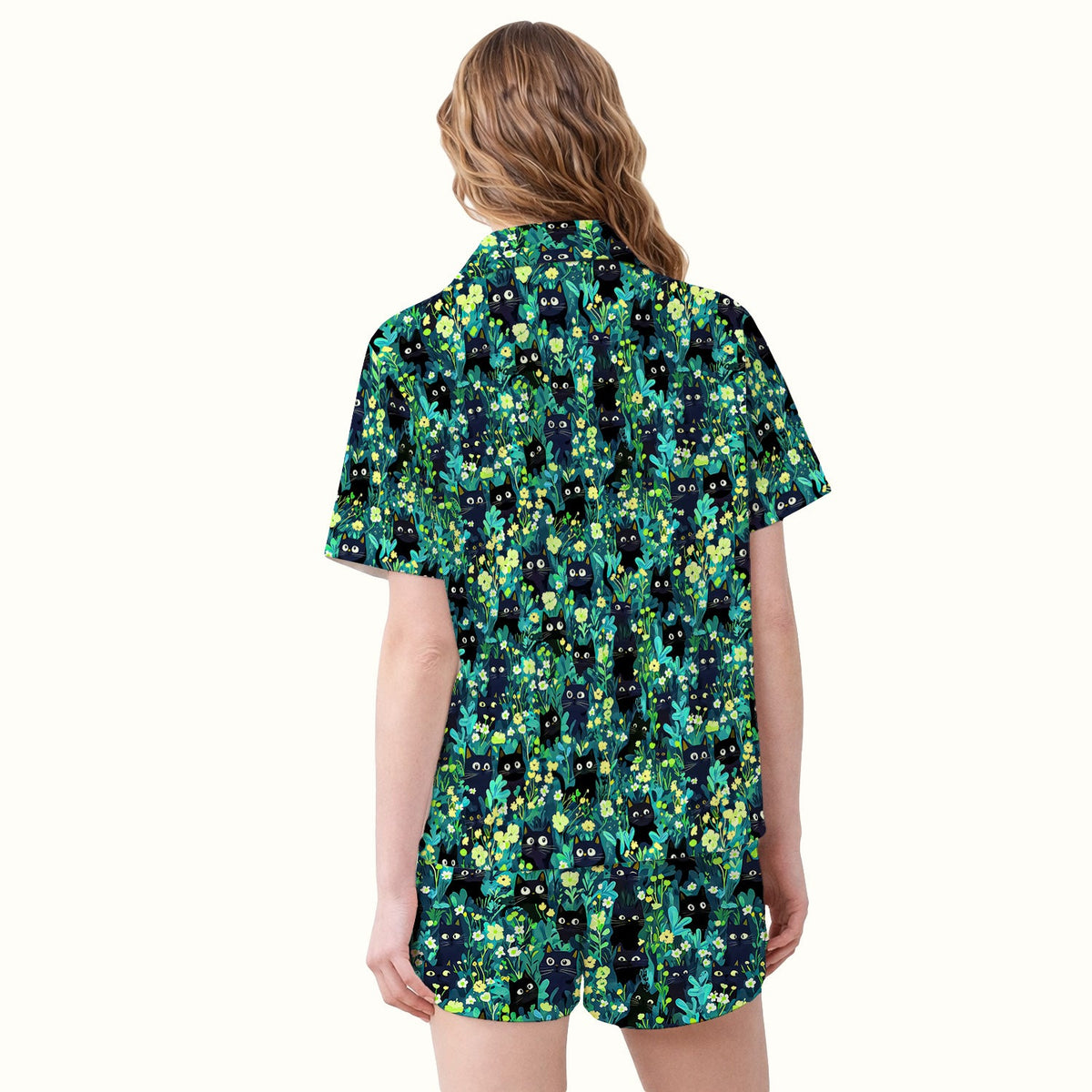 Black Cat Floral Pajama Set