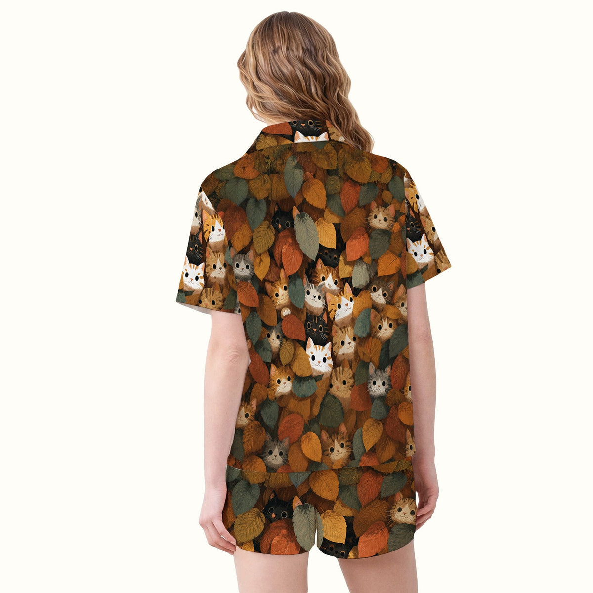 Cute Autumn Cat Leaf Pile Pajama Set