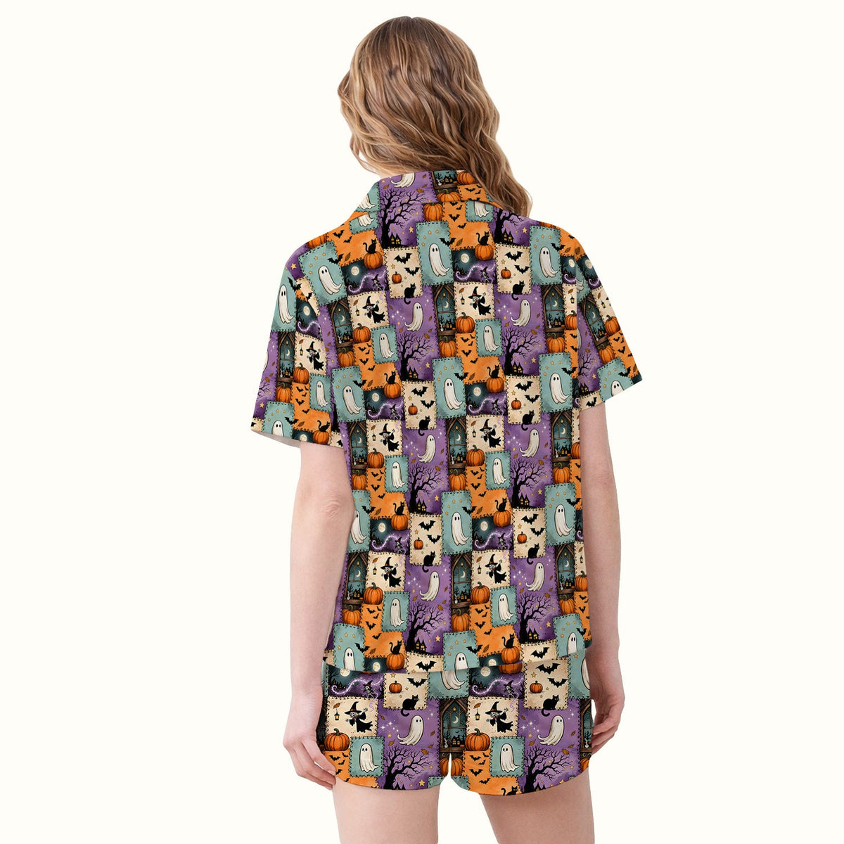 Spooky Ghost Black Cat Patchwork Pajama Set