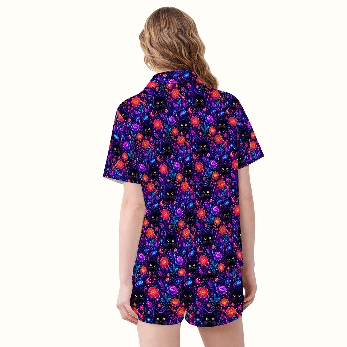 Galaxy Black Cat Floral Pajama Set