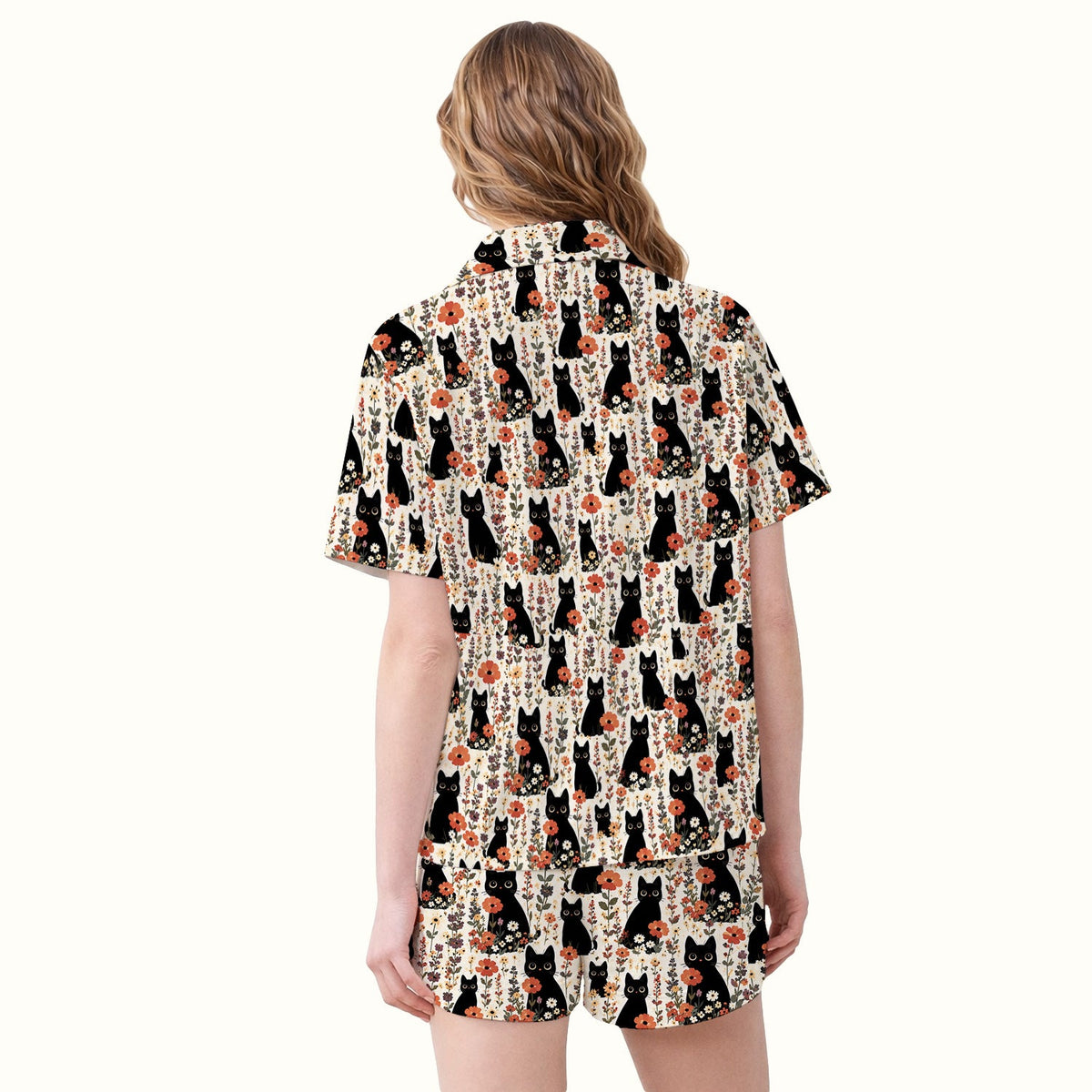 Cute Black Cat Wildflower Pajama Set