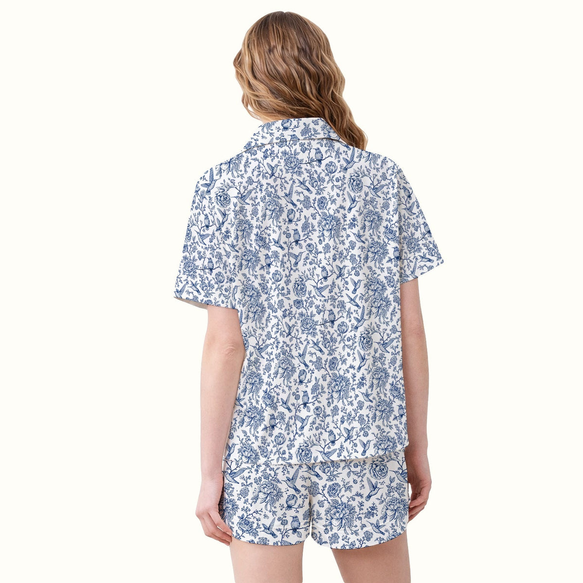 Blue Toile Hummingbird Floral Nurse Pajama Set