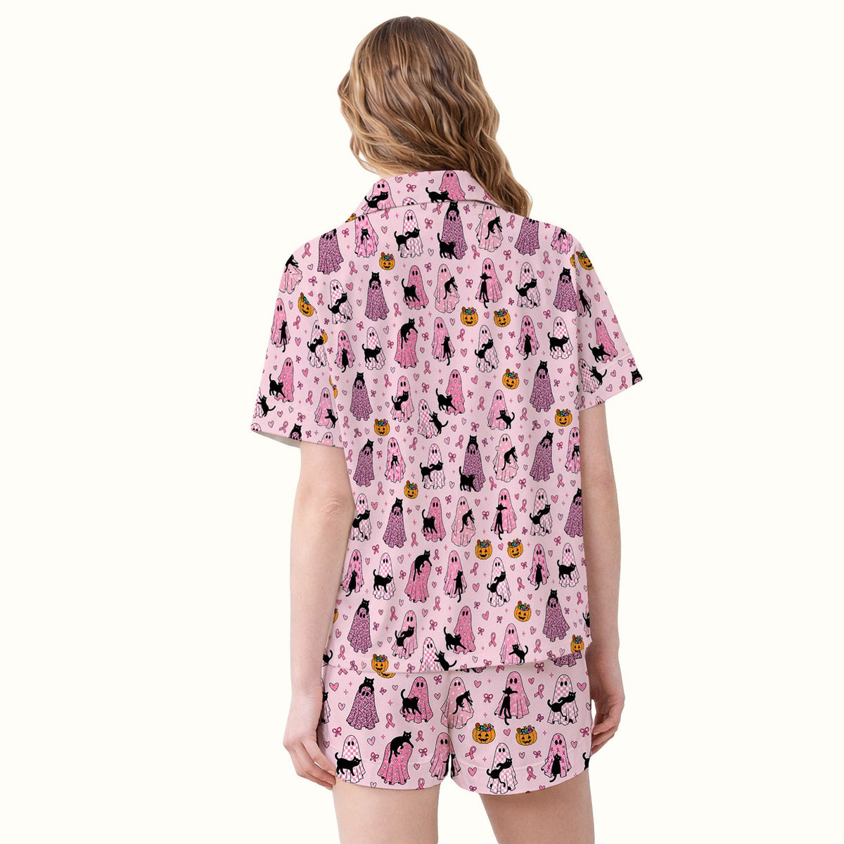 Breast Cancer Awareness Ghost Cat Nurse Pajama Set