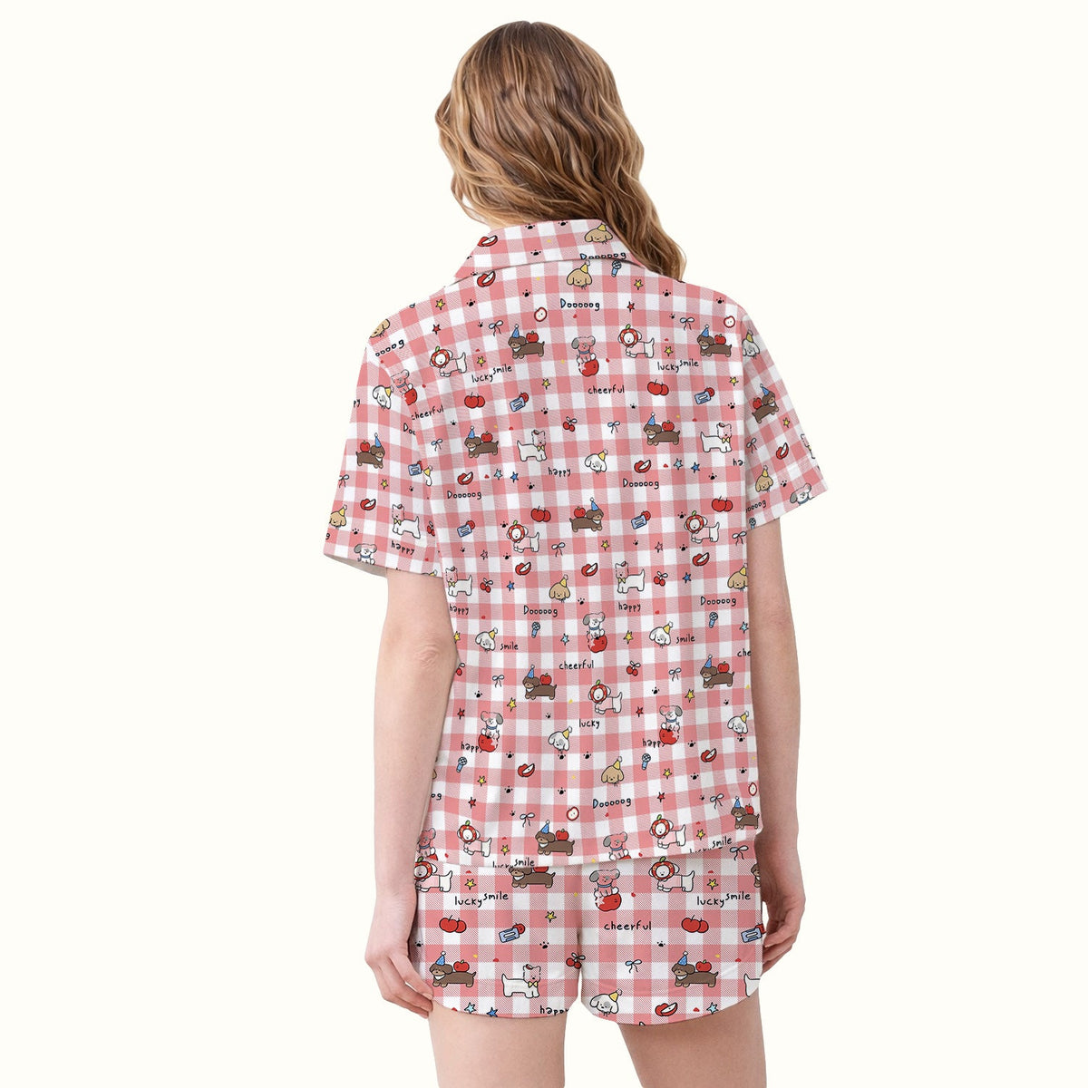 Cartoon Puppy Apple Gingham Pajama Set
