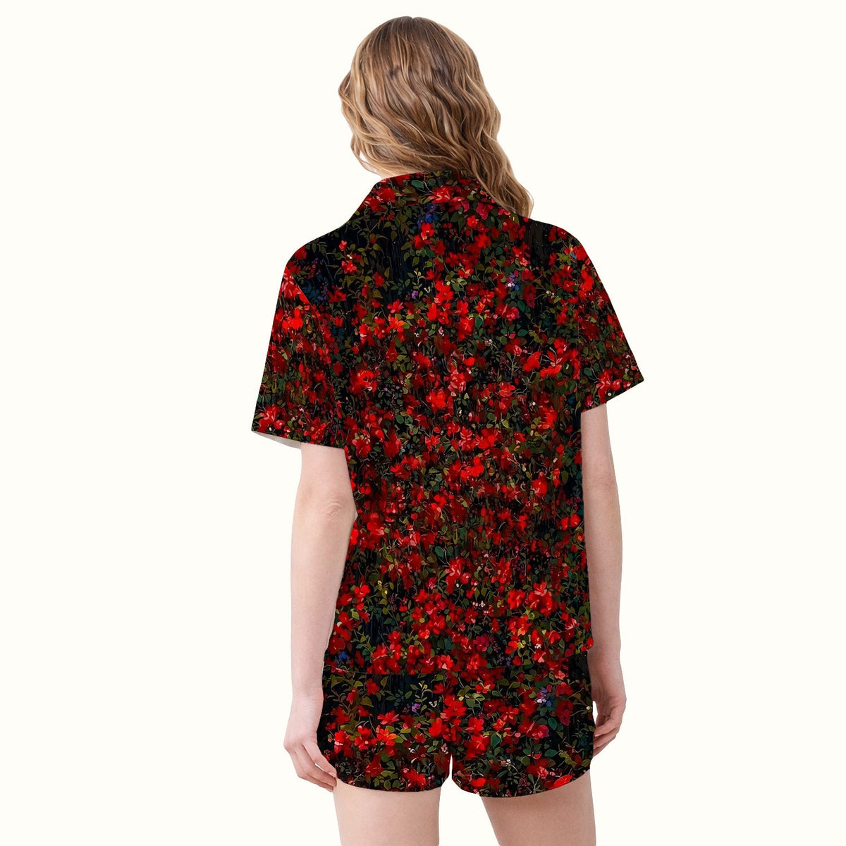 Black Cat By Red Floral Window Pajama Set