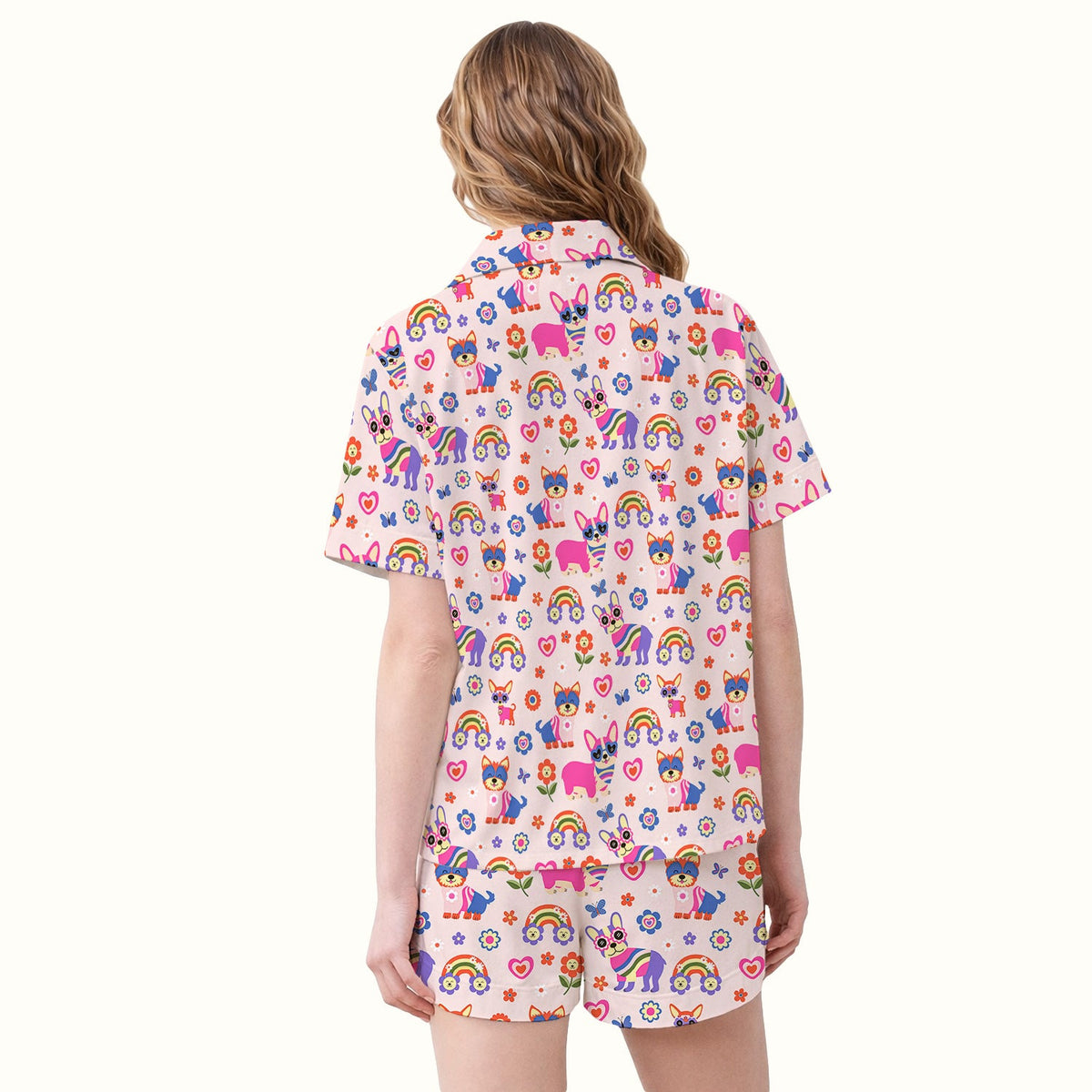 Colorful Cartoon Dogs Rainbow Flowers Pajama Set