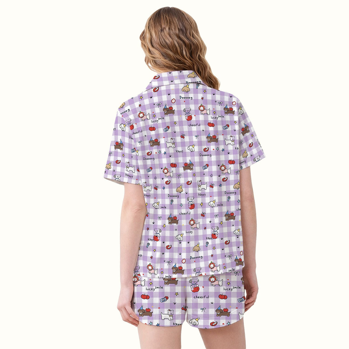 Cartoon Puppy Apple Gingham Pajama Set