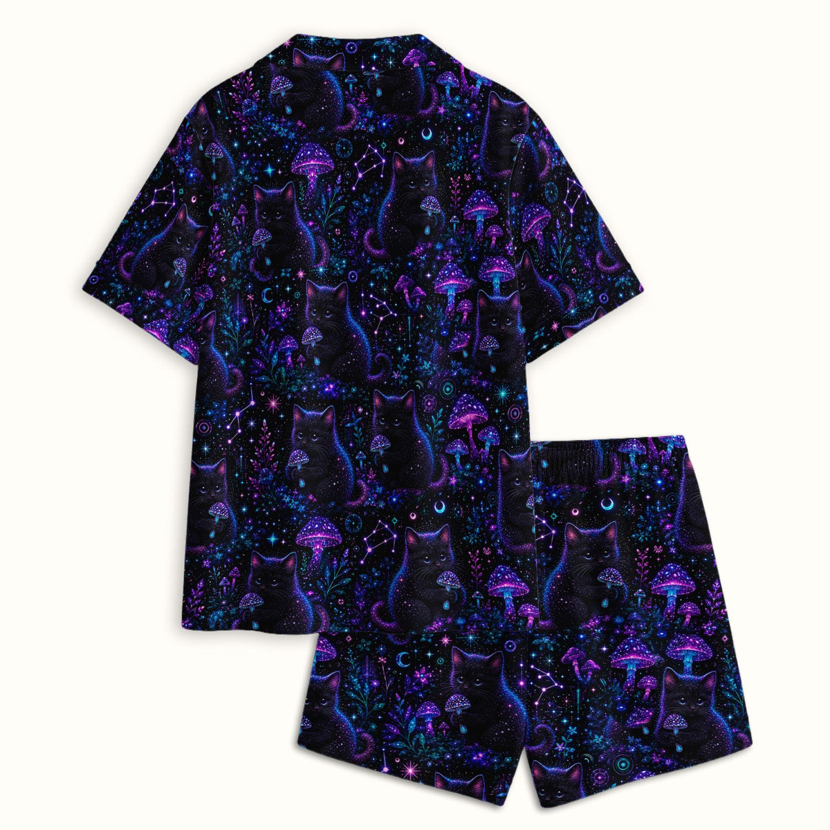Neon Black Cat Mushroom Galaxy Pajama Set