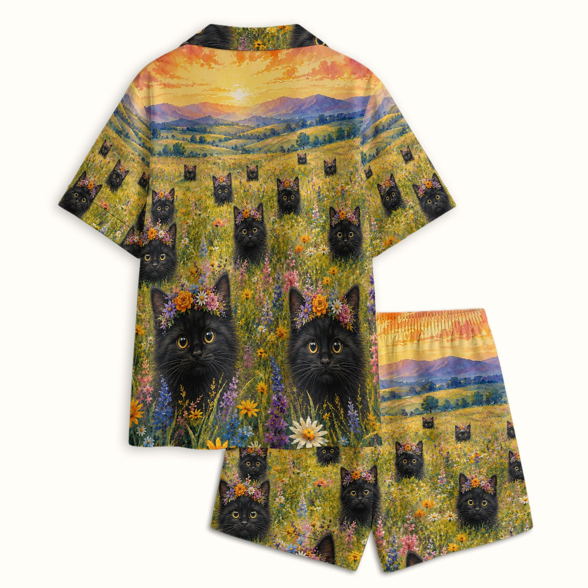 Black Kitten Flower Meadow Pajama Set