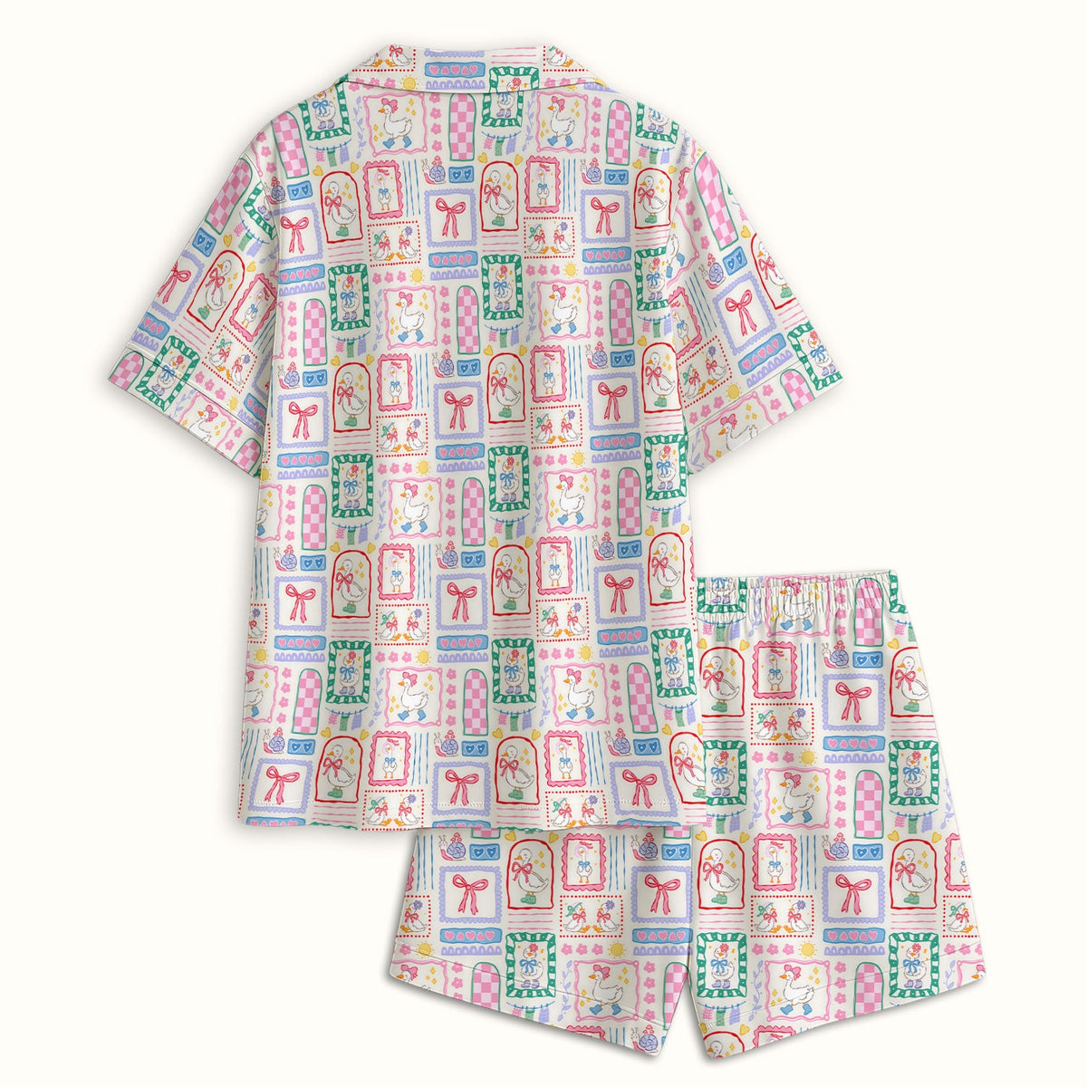 Adorable Goose Ribbon Patchwork Frame Pajama Set
