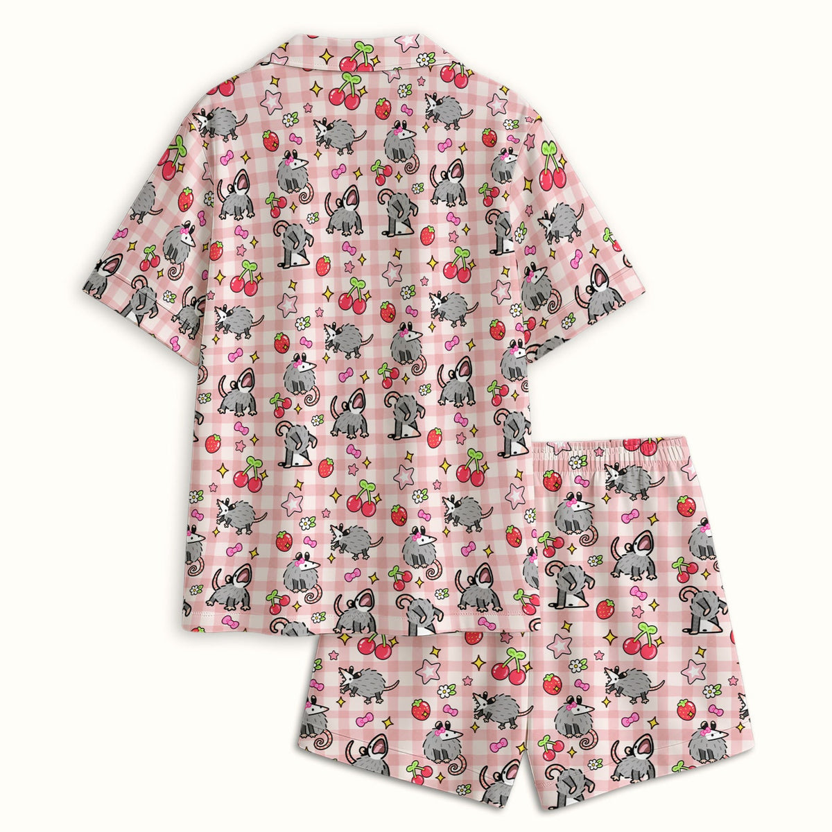 Opossum And Cherries Gingham Pajama Set