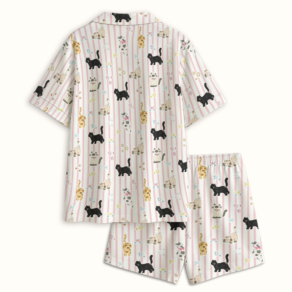 Playful Cat Stripe Ribbon Pajama Set