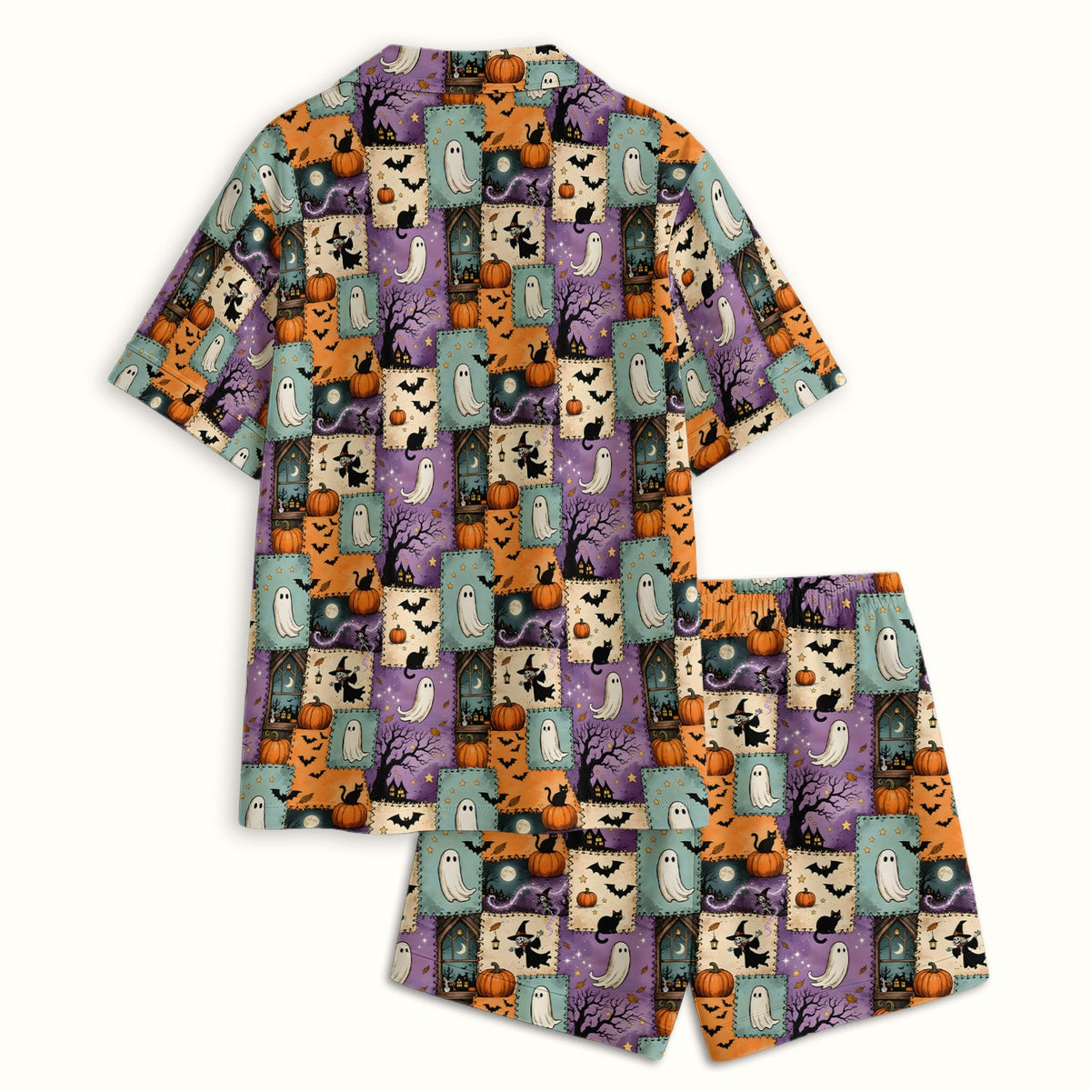 Spooky Ghost Black Cat Patchwork Pajama Set