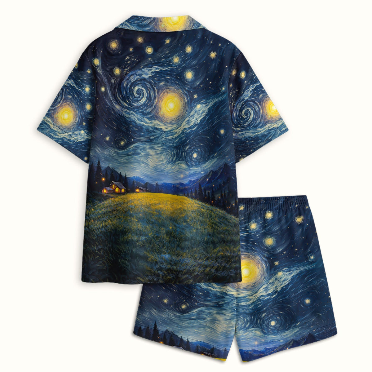 Starry Night Black Cat Heart Pajama Set