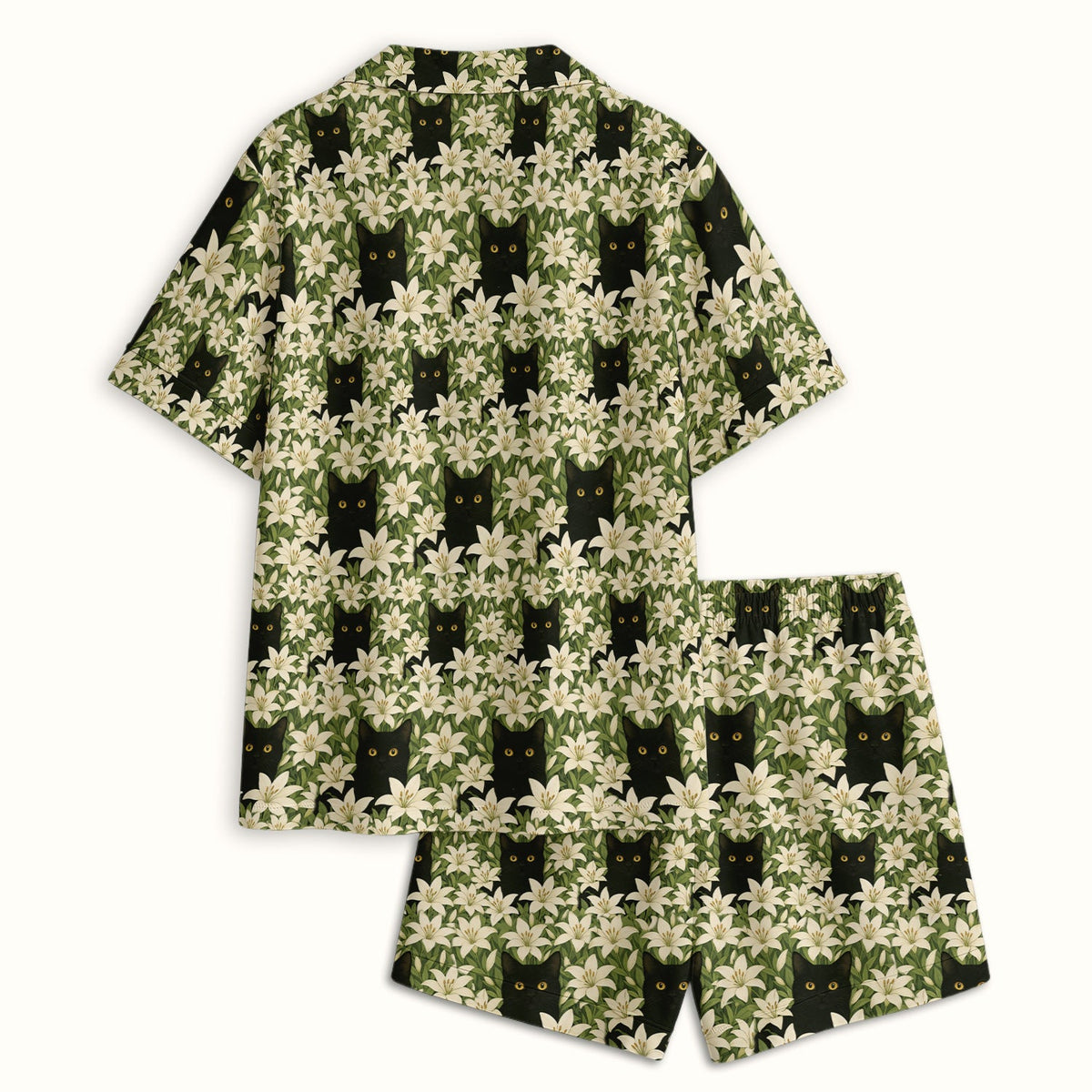 Black Cat Hidden In Lily Garden Pajama Set