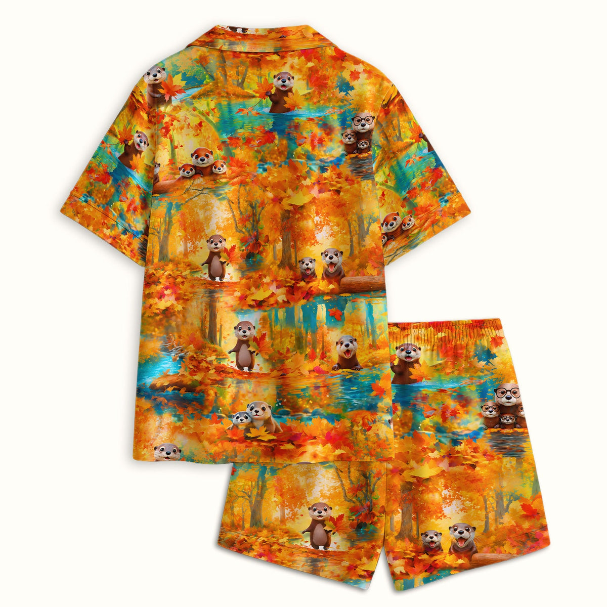 Cute Autumn Otter Leaf Forest Pajama Set