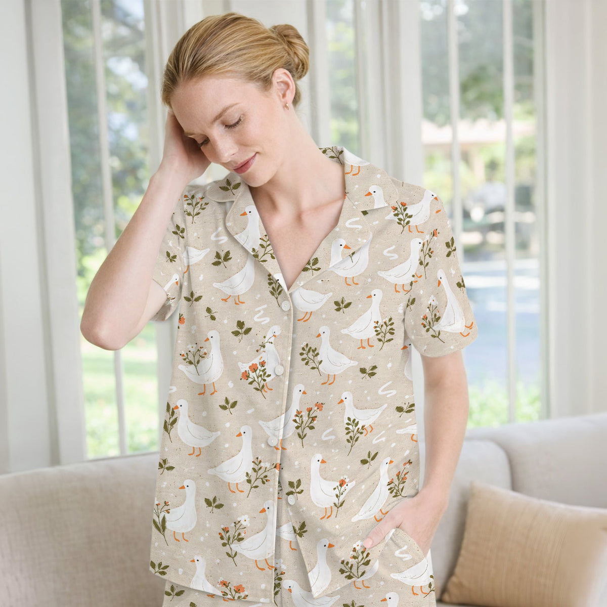 White Goose Floral Meadow Pajama Set