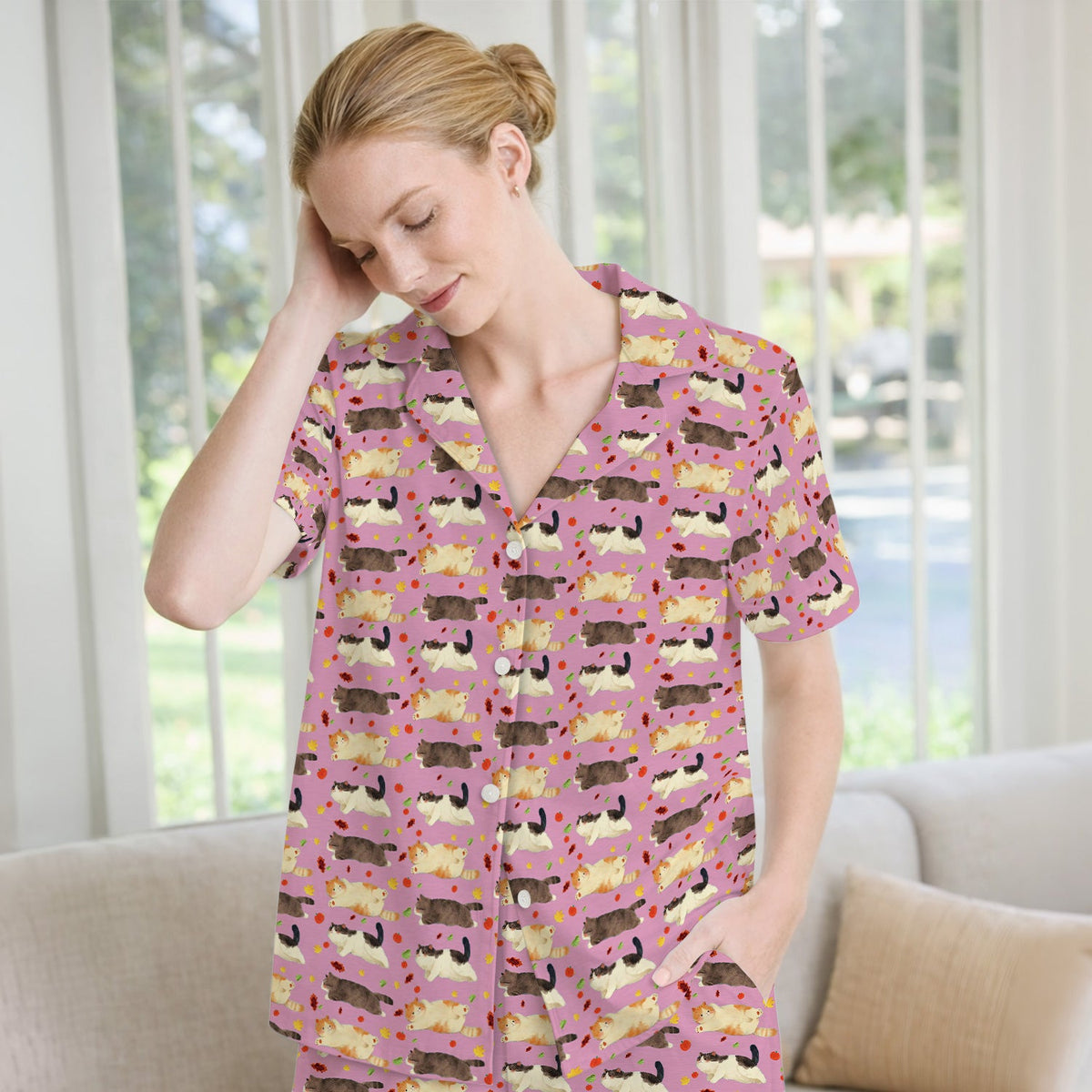 Personalized Chubby Cat Autumn Leaves Pajama Set