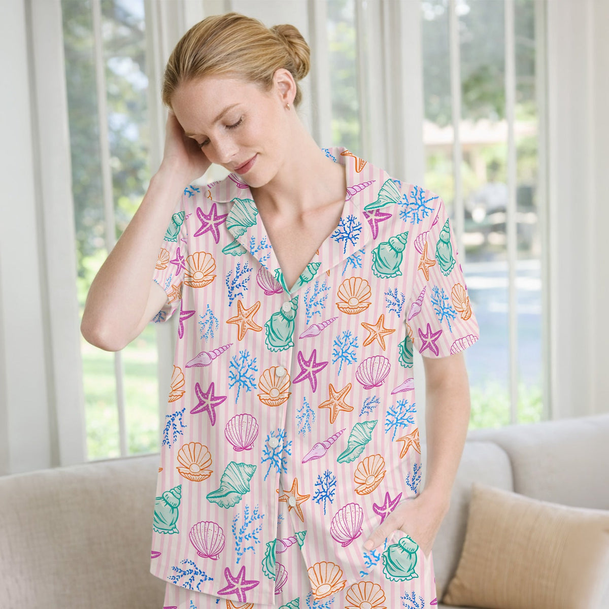 Colorful Seashell Starfish Ocean Stripe Pajama Set