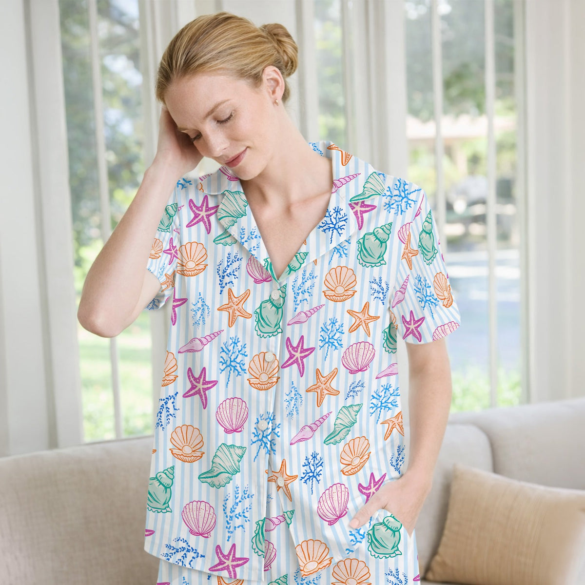 Colorful Seashell Starfish Ocean Stripe Pajama Set