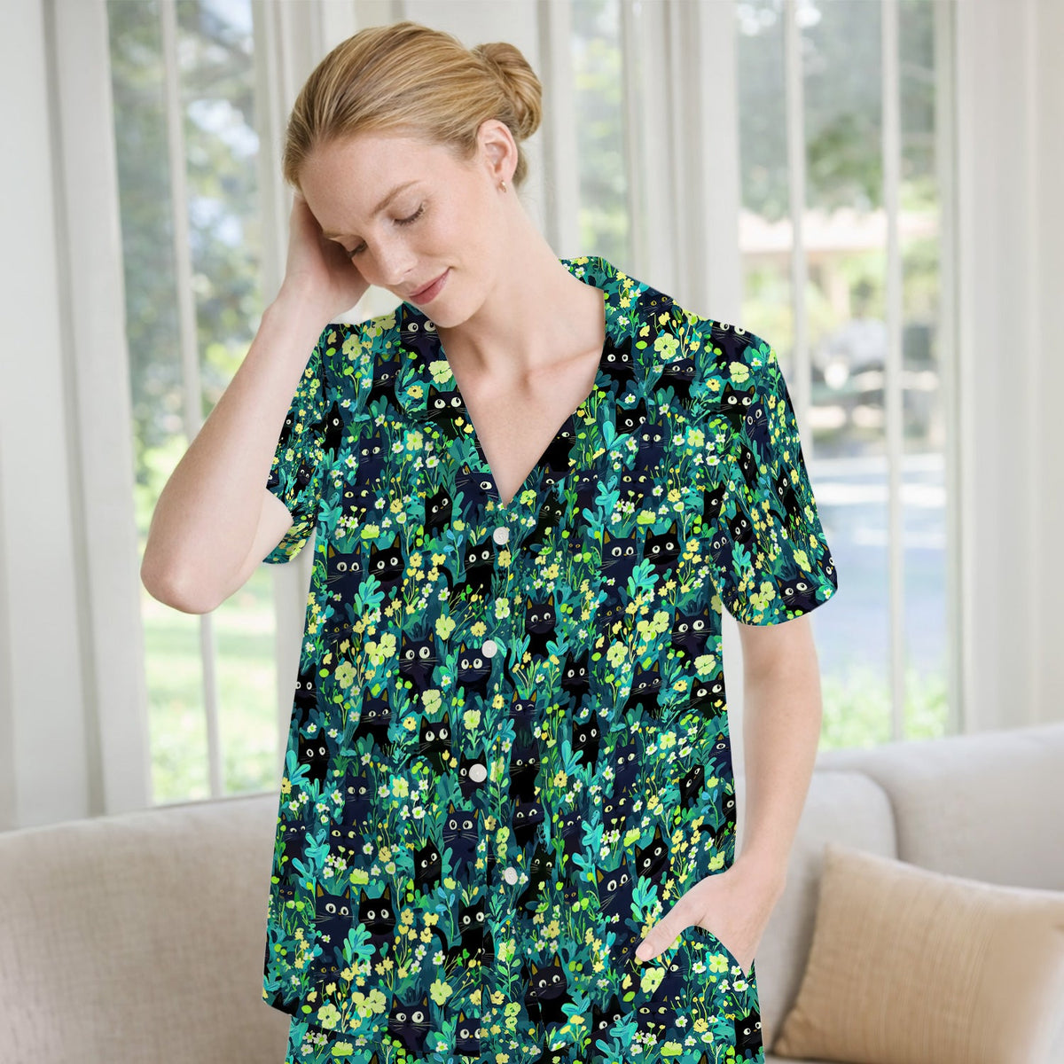 Black Cat Floral Pajama Set