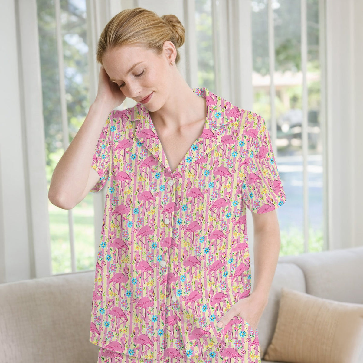 Pink Flamingo Flower Stripe Pajama Set