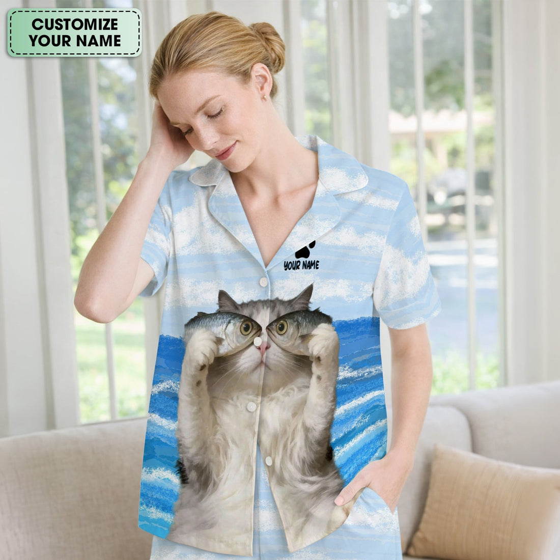 Personalized Cat Holding Fish Pajama Set