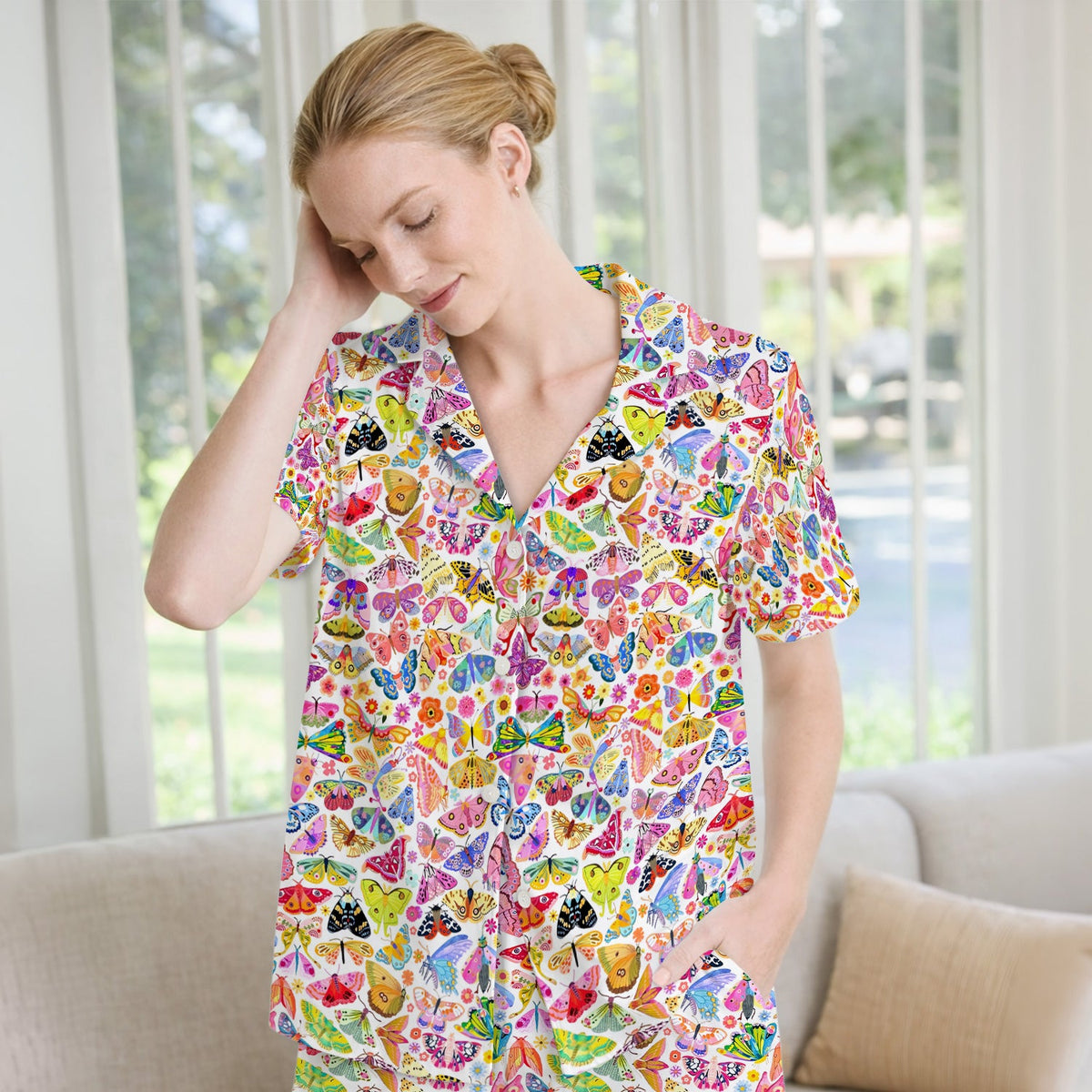 Cute Bright Butterfly Moth Floral Pajama Set