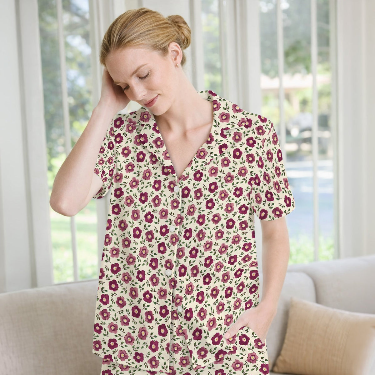 Purple Floral Blossom Leaf Pajama Set