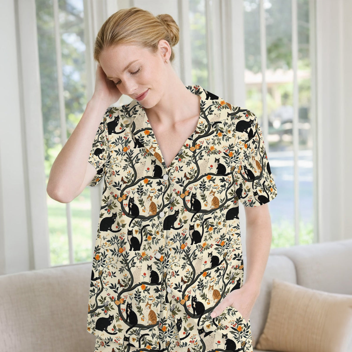 Vintage Black Cat Floral Pajama Set