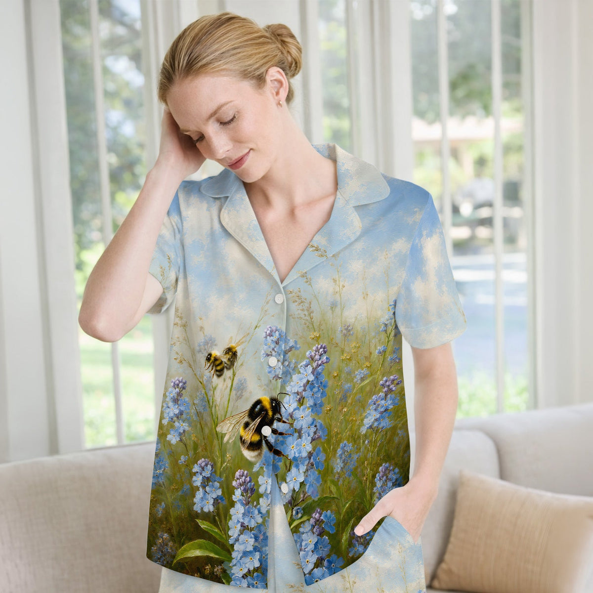 Whimsical Bumblebee Blue Blossom Pajama Set