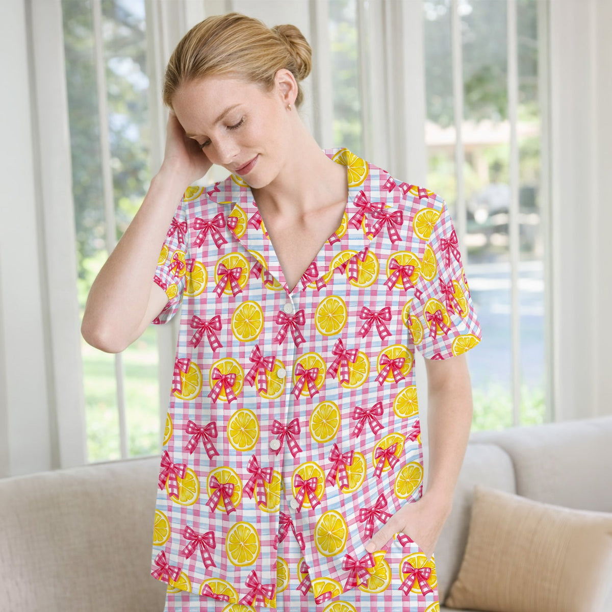 Lemon Slice Pink Bow Gingham Pajama Set