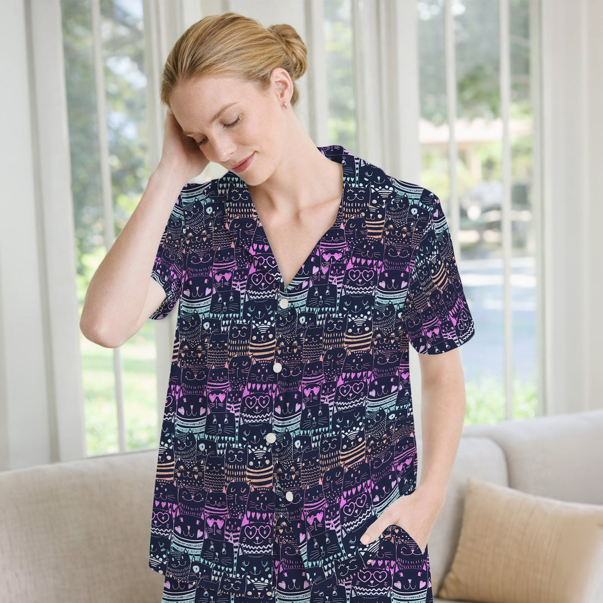 Neon Cat Faces Pajama Set