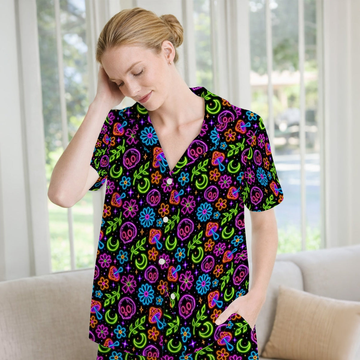 Neon Skull Mushroom Floral Nurse Pajama Set