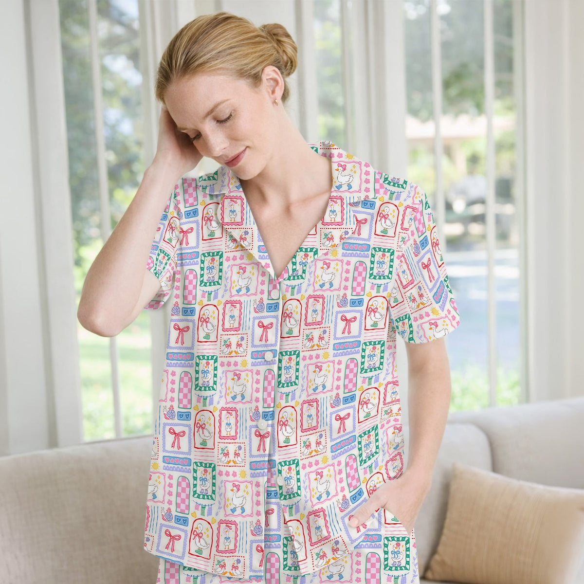 Adorable Goose Ribbon Patchwork Frame Pajama Set