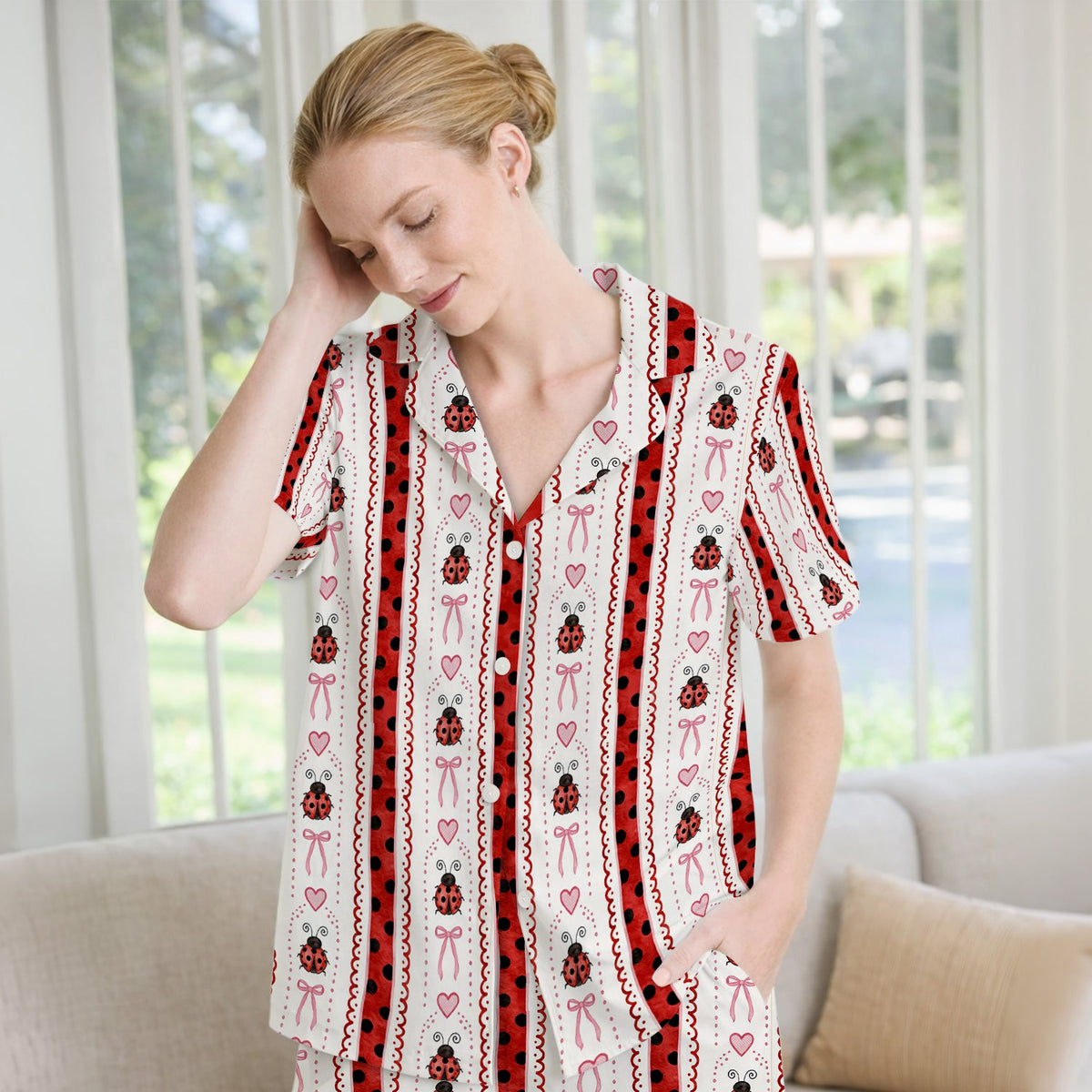 Ladybug Heart Bow Stripe Pajama Set