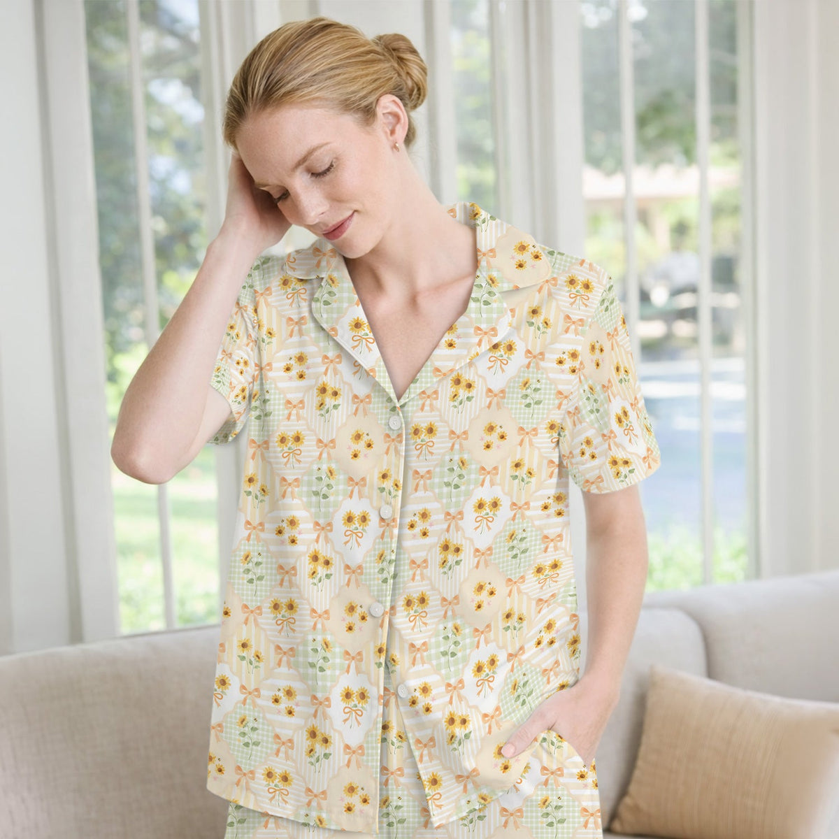 Sunflower Ribbon Patchwork Nurse Pajama Set