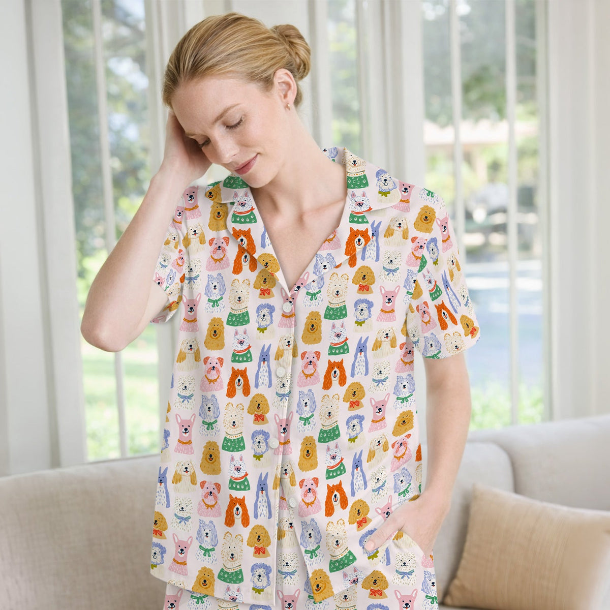 Colorful Dog Faces Cartoon Pajama Set