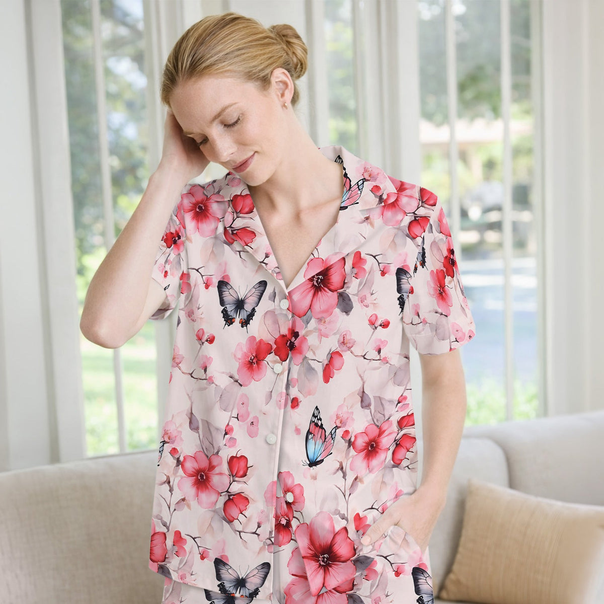 Pink Butterfly Blossom Nurse Pajama Set